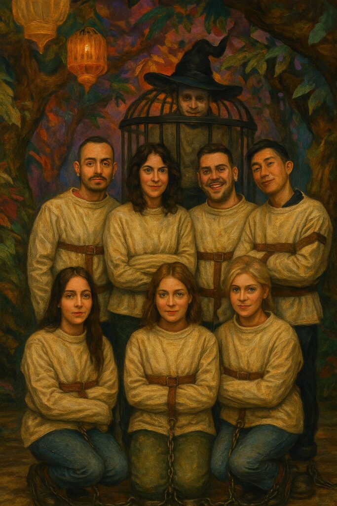 Retrato artístico del equipo de Serendipia con vestimenta mágica en un bosque de fantasía, celebrando su unión y magia única.