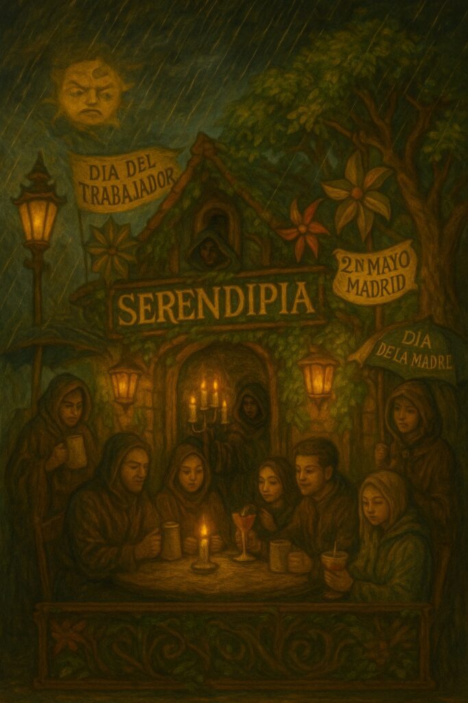 Ilustración de Serendipia durante una semana de celebraciones con apagón, lluvias, Día del Trabajador, fiesta de Madrid y Día de la Madre.